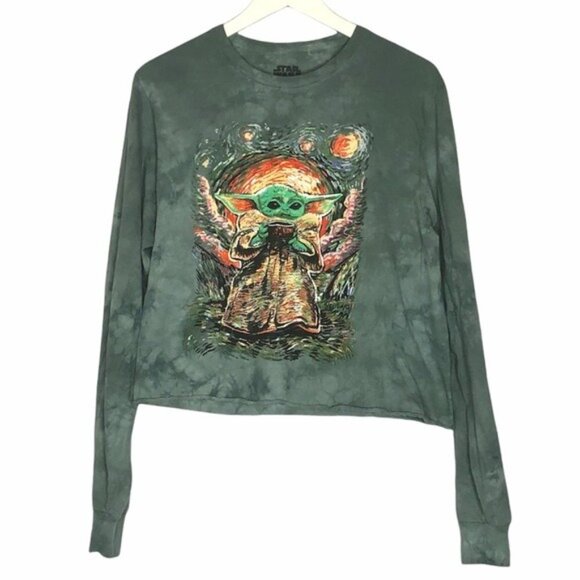 Baby Yoda Star Wars Starry Night Longsleeve Crop T-Shirt Medium - Picture 3 of 5